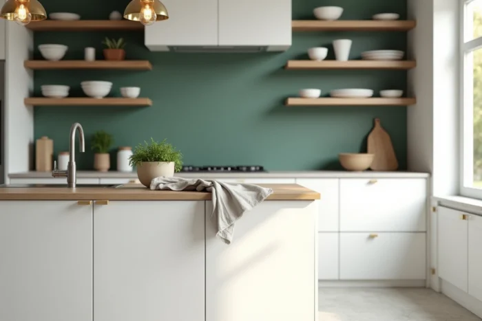 Cuisine blanche moderne avec mur accent vert sauge et étagères en bois ouvertes, style épuré et naturel