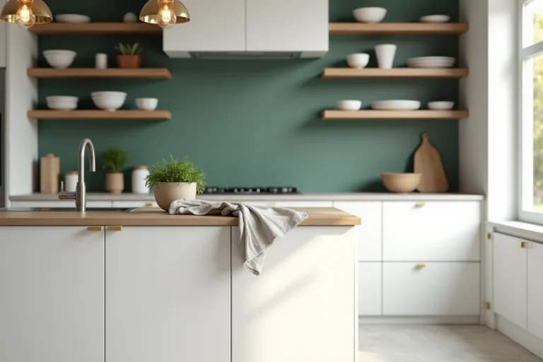 Cuisine blanche moderne avec mur accent vert sauge et étagères en bois ouvertes, style épuré et naturel