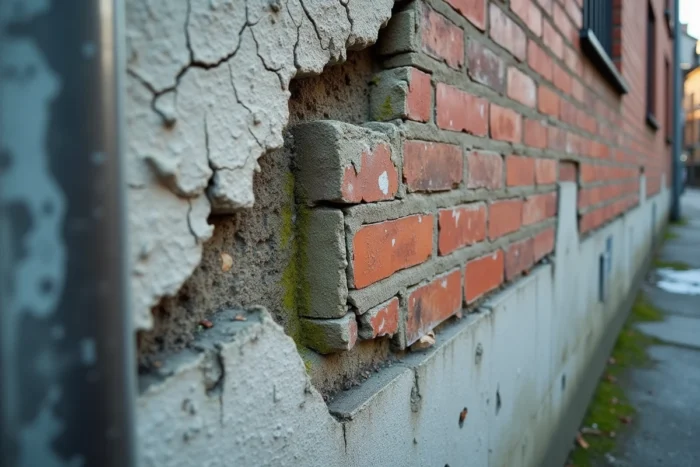Gros plan sur des fissures, des traces d'efflorescence et des infiltrations d'eau sur une façade de bâtiment endommagée après l'hiver