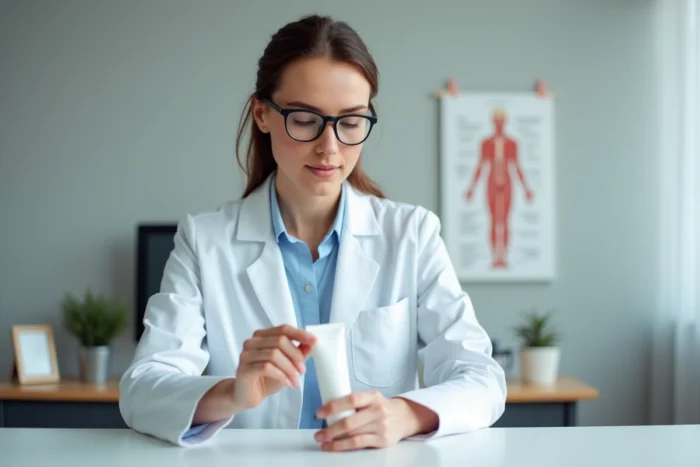 Dermatologue femme examinant un tube de crème à l'acide hyaluronique Ialuset dans un cabinet médical