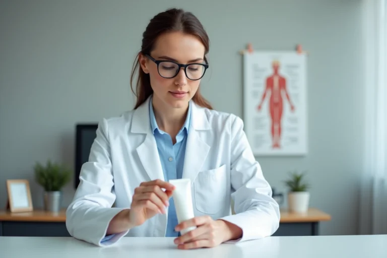 Dermatologue femme examinant un tube de crème à l'acide hyaluronique Ialuset dans un cabinet médical