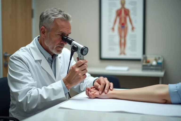 Dermatologue examinant la peau d'un patient avec un dermatoscope pour diagnostiquer une réaction cutanée liée à la galle du chêne