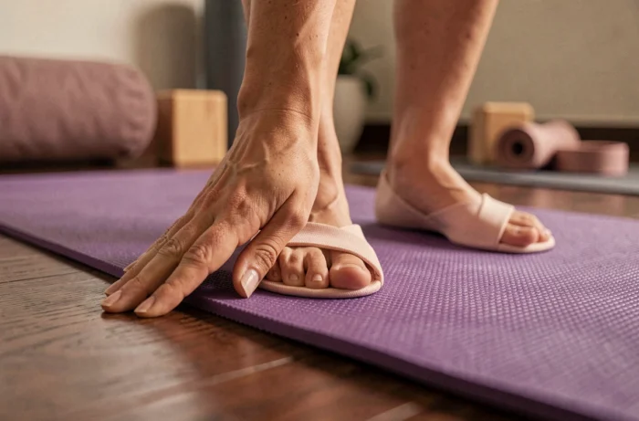 Gros plan sur des chaussures de yoga à orteils séparés assurant une adhérence optimale sur un tapis de yoga violet