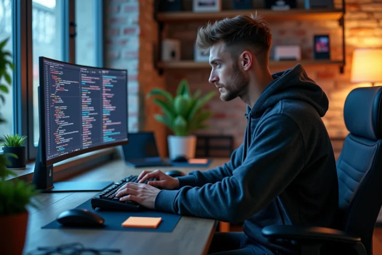 Jeune développeur passionné de technologie travaillant sur du code dans un bureau high-tech moderne avec setup gaming et écran ultrawide