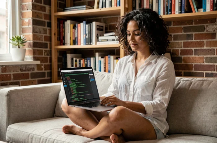 Développeuse travaillant depuis chez elle sur des outils de test de performance web via un terminal sur laptop