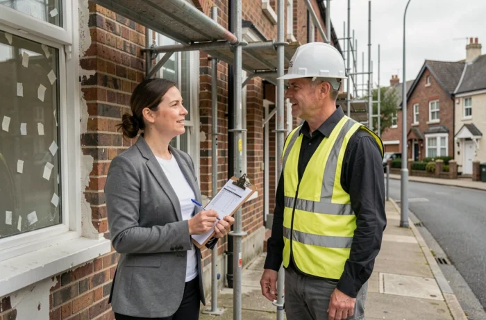 Une femme et un artisan examinent des devis de travaux devant une façade en rénovation avec échafaudage