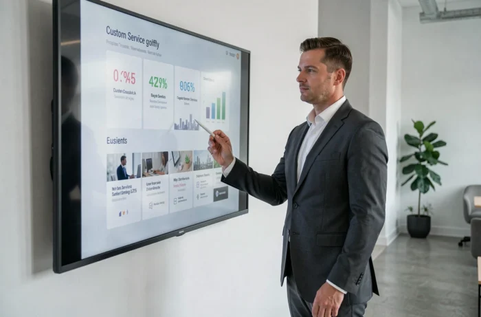 Chef d'entreprise présentant des services personnalisés de croissance sur un écran interactif dans un bureau contemporain