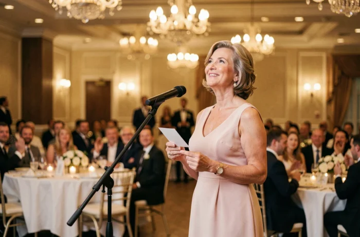 Une mère du marié fait un discours court et confiant au micro, tenant une seule petite carte dans une salle de réception de mariage.