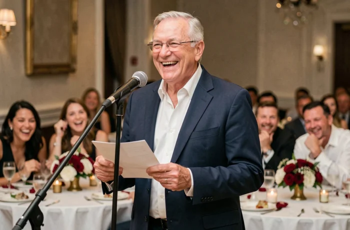 Homme tenant un discours humoristique au micro lors d'un banquet pour 40 ans de mariage