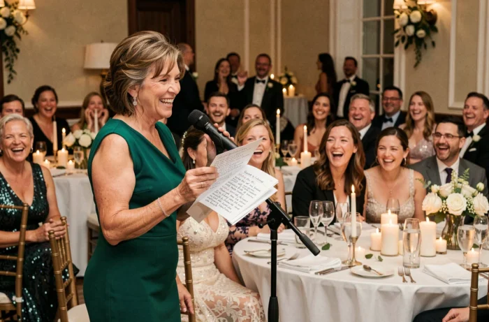 Une mère du marié fait un discours humoristique au micro lors du repas de mariage, provoquant les rires des convives autour des tables décorées.