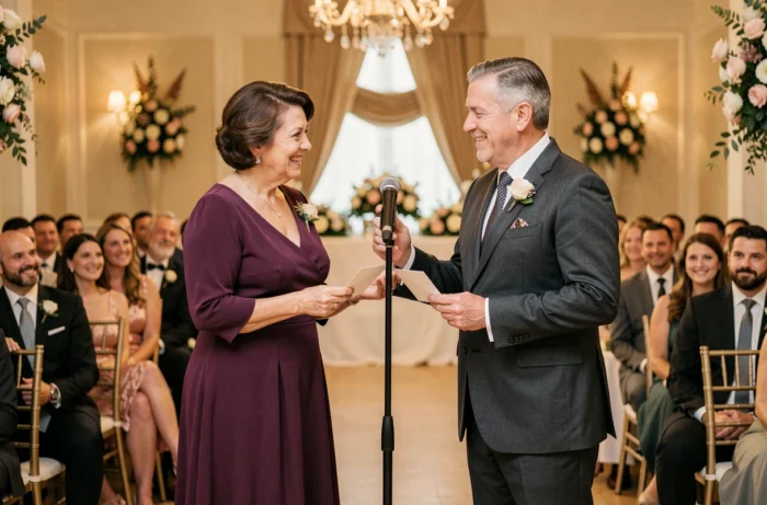 La mère et le père du marié partagent le microphone côte à côte lors du discours de mariage, se passant la parole avec naturel et complicité.
