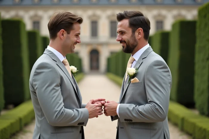 Échange d'alliances en plein air dans un jardin à la française lors d'une cérémonie de mariage