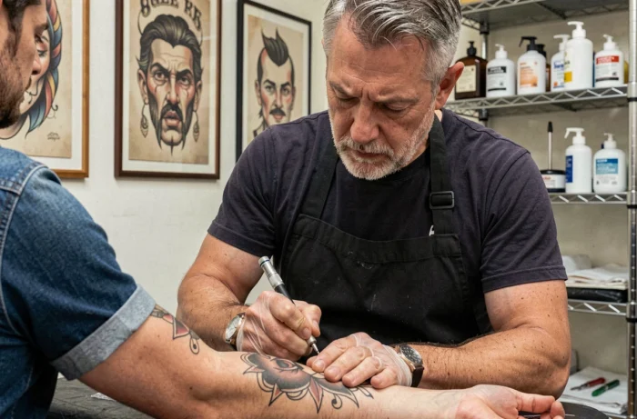 Eddie Luciani, tatoueur emblématique de Gaillac, en train de réaliser un tatouage précis sur l'avant-bras d'un client