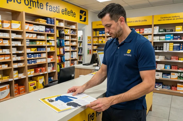 Employé La Poste consultant le catalogue vestimentaire au comptoir d'un bureau de poste