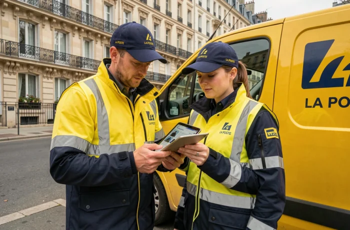 Deux employés La Poste en uniforme complet consultant l'espace habillement en ligne sur une tablette