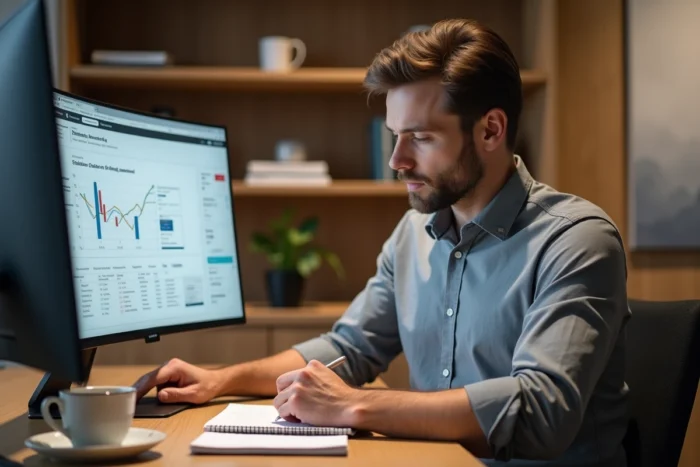 Entrepreneur analysant une feuille de route de croissance B2B sur un écran dans un bureau minimaliste