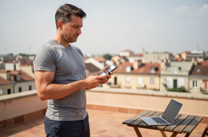 Un entrepreneur consultant une campagne de marketing sur les réseaux sociaux depuis son smartphone sur une terrasse urbaine