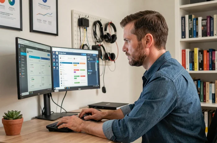 Entrepreneur en télétravail gérant des outils digitaux sur double écran depuis son bureau à domicile pour développer la présence en ligne de son entreprise