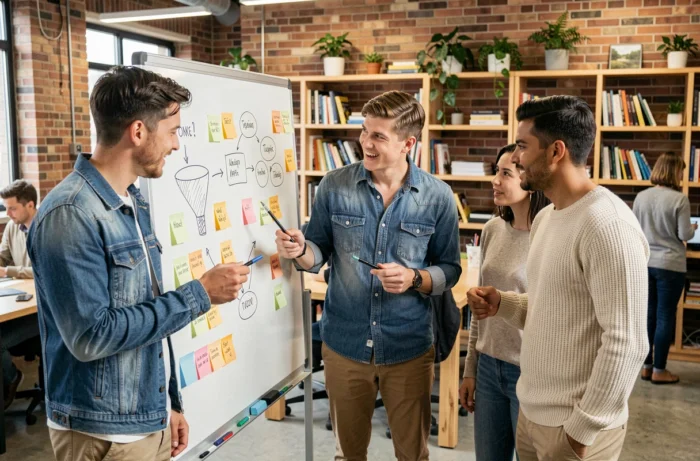 Une équipe de jeunes professionnels en session de brainstorming sur une stratégie de marketing digital devant un tableau blanc