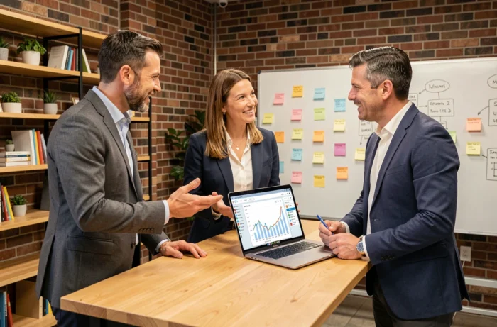 Équipe professionnelle diversifiée collaborant autour de tableaux de bord de performance dans un espace de coworking moderne