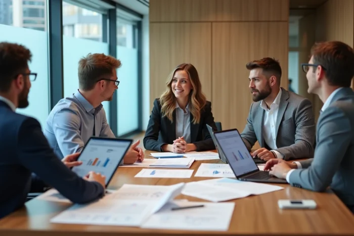 Équipe de professionnels collaborant autour d'une stratégie B2B en salle de réunion d'entreprise