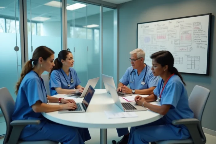 Équipe pluridisciplinaire de professionnels de santé réunis en réunion clinique autour de rapports d'études et d'ordinateurs portables, illustrant la mise en pratique de l'innovation dans les soins