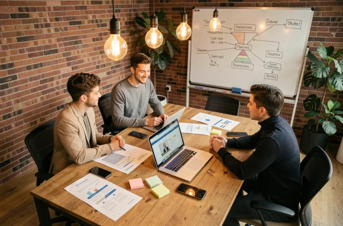 Équipe de professionnels collaborant autour d'une table sur une stratégie de marketing digital innovante pour améliorer la visibilité en ligne d'une entreprise