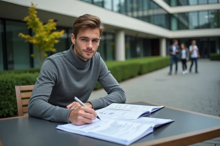 Étudiant calculant et comparant les frais de scolarité annuels de Kedge Business School dans un espace extérieur d'un campus universitaire européen