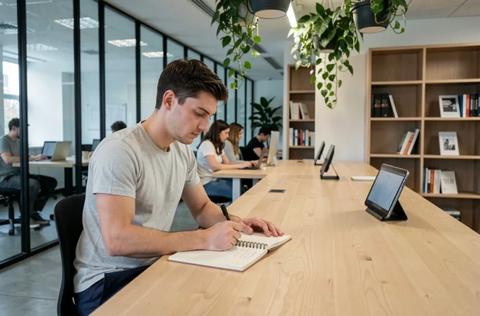 Jeune homme prenant des notes lors d'une formation en ligne dans un espace de coworking moderne