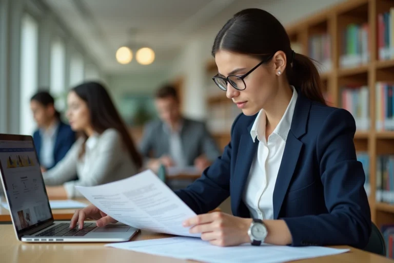 Étudiante en école de commerce consultant les frais de scolarité de Kedge Business School sur son ordinateur portable dans une bibliothèque universitaire moderne