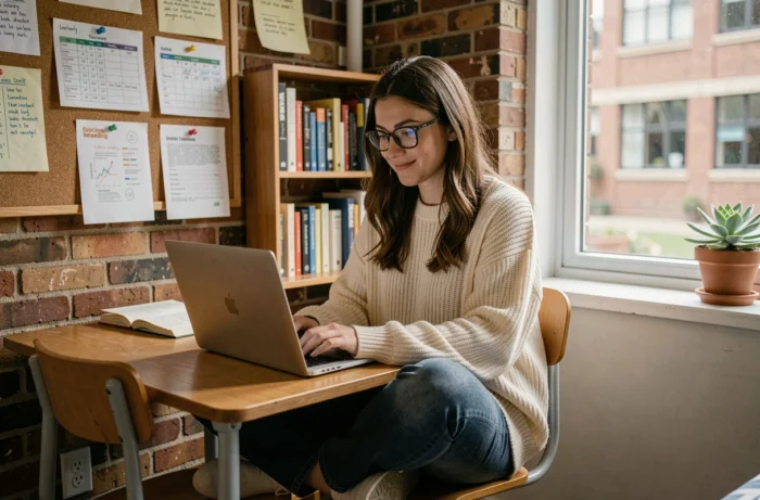 Étudiante en pull crème cherchant une formation en ligne sur son ordinateur portable dans sa chambre universitaire