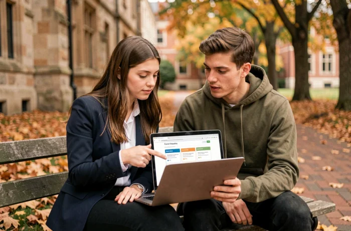 Deux étudiants comparant des formations en ligne sur un campus universitaire en automne