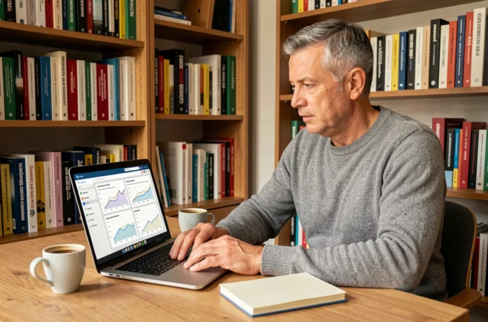 Expert SEO travaillant depuis son bureau à domicile sur un outil français de suivi de positionnement Google