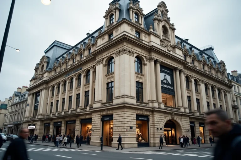 Façade extérieure d'un magasin Galeries Lafayette en France avec son enseigne emblématique sur un boulevard urbain animé