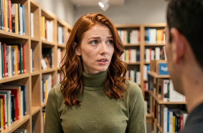 Femme surprise et intriguée par une approche d'un inconnu dans une librairie moderne