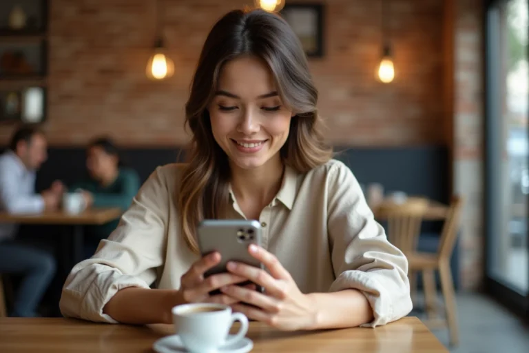 Jeune femme consultant une application d'achat mobile sur smartphone dans un café urbain