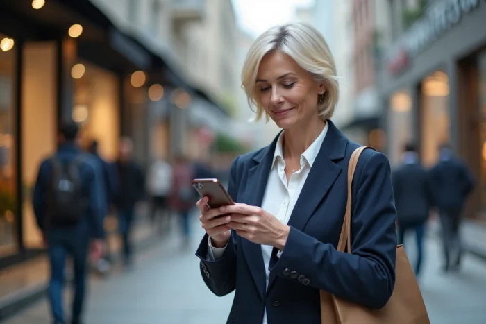 Femme finalisant un achat mobile en pleine rue commerçante urbaine avec smartphone
