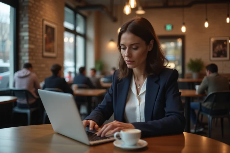 Femme consultant les actualités mondiales sur un ordinateur portable dans un café urbain moderne