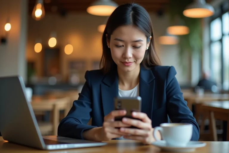 Femme consultant les actualités sur smartphone dans un café moderne