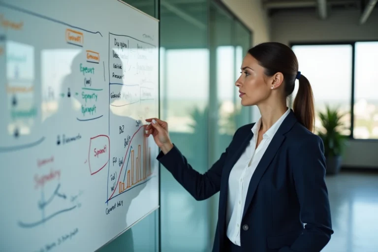 Femme d'affaires présentant une solution B2B sur un tableau organisationnel dans un bureau moderne