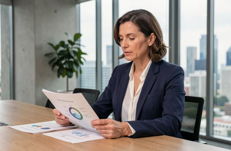 Femme d'affaires professionnelle analysant une stratégie de croissance d'entreprise dans un bureau moderne avec vue sur la ville
