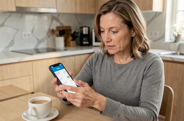 Femme vérifiant un prélèvement Avanssur sur son application bancaire mobile