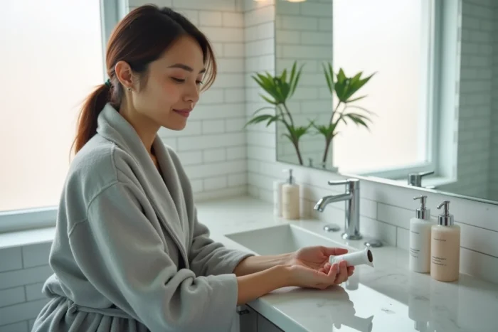 Femme appliquant la crème Ialuset à l'acide hyaluronique sur son bras dans une salle de bain