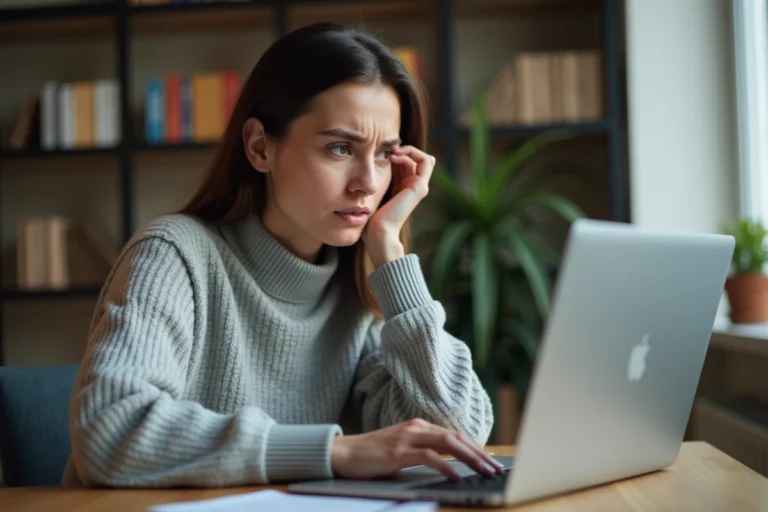 Femme regardant un message d'avertissement d'URL masquée sur son navigateur web