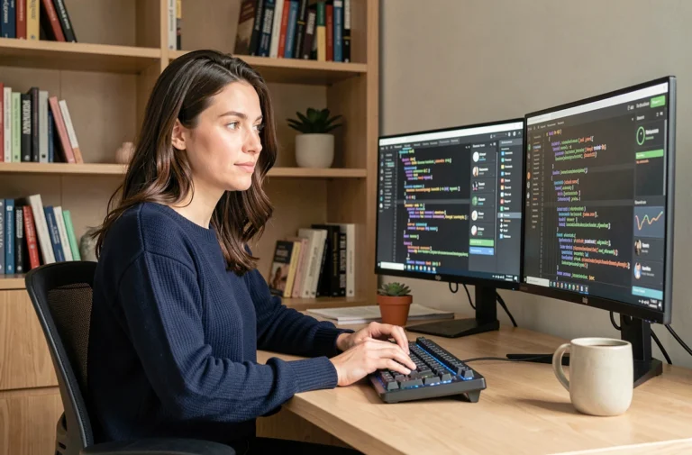 Femme travaillant sur un double écran d'ordinateur dans un bureau moderne, illustrant les conseils informatiques au quotidien