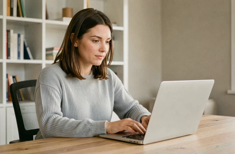 Femme connectée à son espace personnel MyF sur un ordinateur portable dans un bureau à domicile