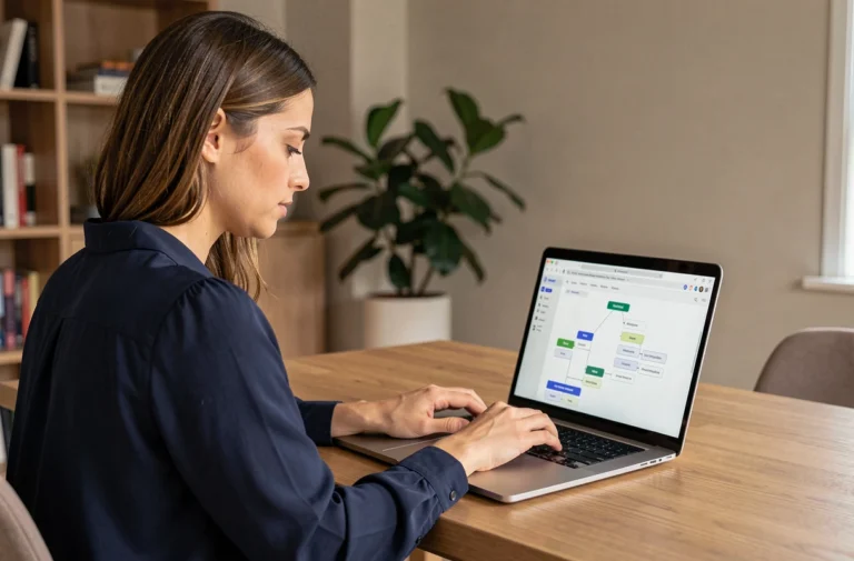 Femme consultant un plan du site web sur son ordinateur portable dans un bureau moderne pour naviguer efficacement