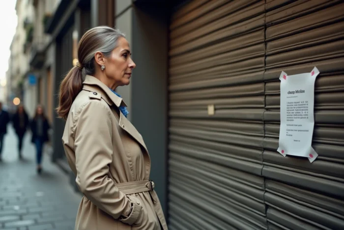 Une femme lisant un avis de fermeture affiché sur la vitrine d'un magasin Galeries Lafayette avec les rideaux métalliques baissés