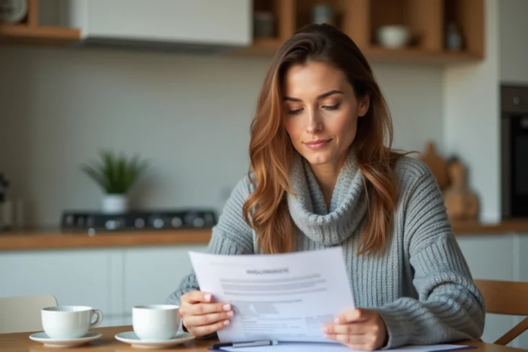 Femme consultant des documents d'assurance à la table de sa cuisine pour protéger sa famille et ses biens