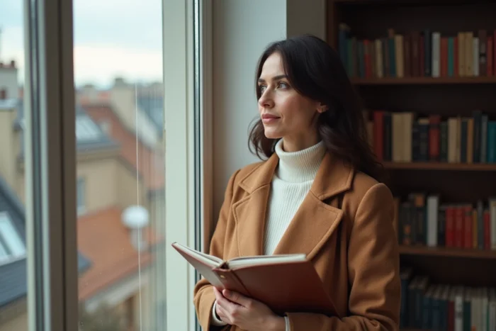 Femme élégante et réfléchie près d'une fenêtre parisienne avec vue sur les toits, style éditorial discret